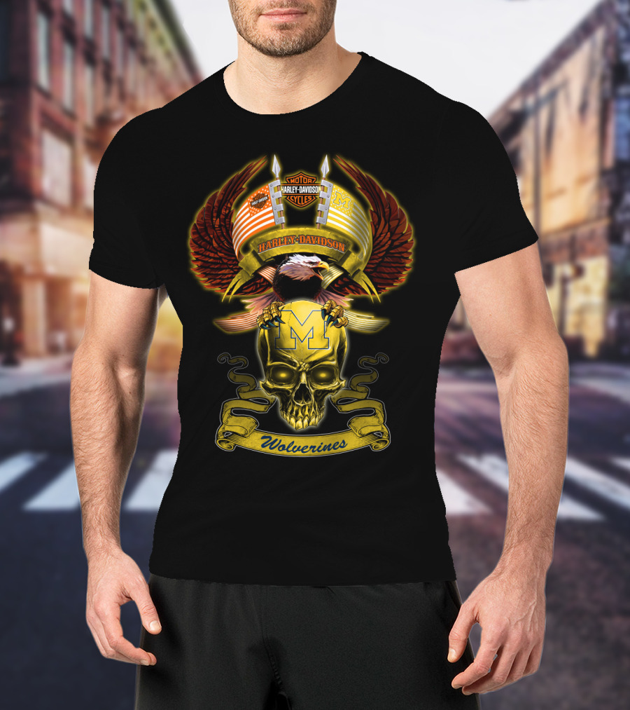 Motorcycles Harley Davidson Michigan Wolverines M Skull Eagle Wings T-Shirt