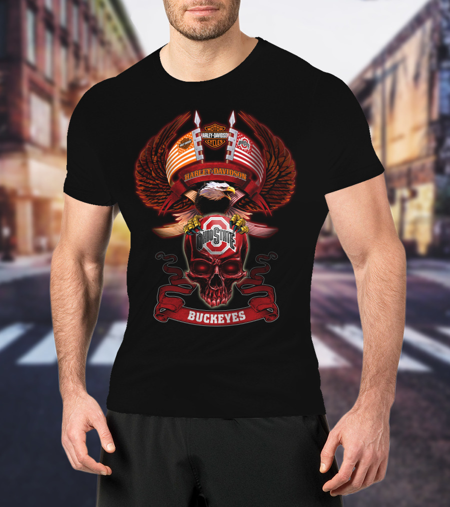 Harley Davidson Motorcycles Ohio State Buckeyes Eagle Skulls T-Shirt
