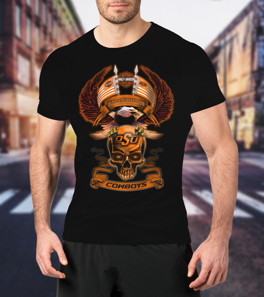 Osu Harley Davidson Motorcycles Cowboys Skull And Eagle T-Shirt
