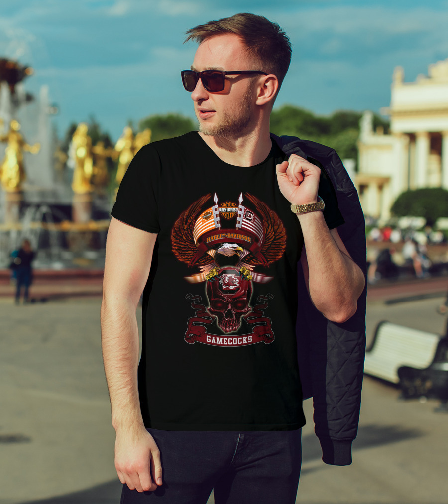 Harley Davidson Motorcycles Gamecocks South Carolina Bald Eagle Skull T-Shirt