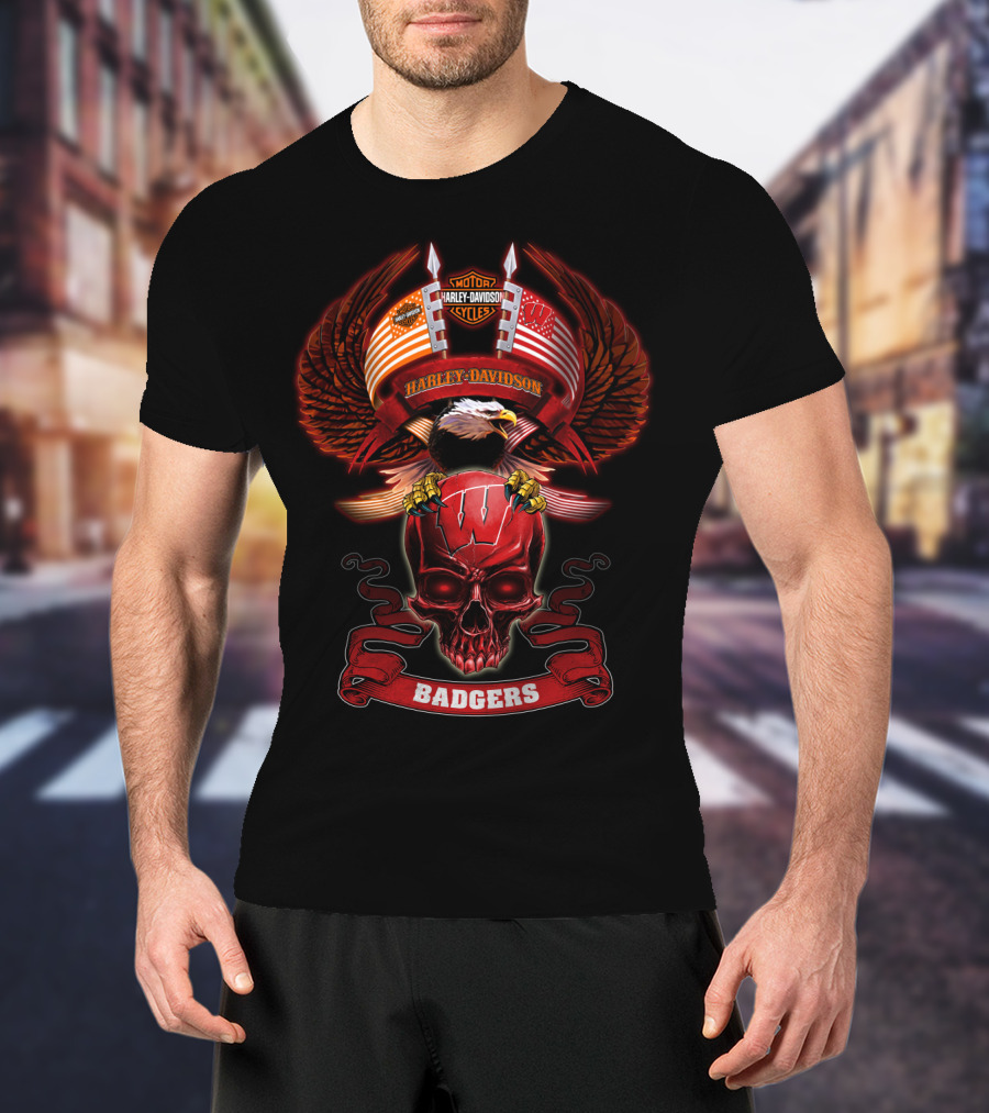 Harley Davidson Badgers Skull Eagle Wisconsin T-Shirt