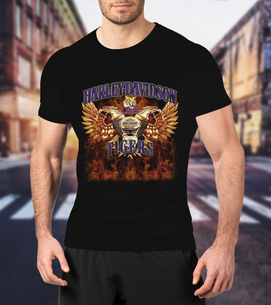 Harley Davidson Lsu Tigers Winged Engine Flame T-Shirt