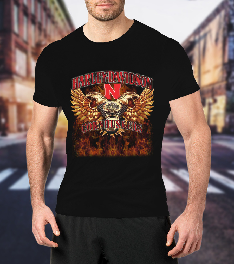 Harley Davidson Nebraska Cornhuskers N Logo With Wings And Flames T-Shirt