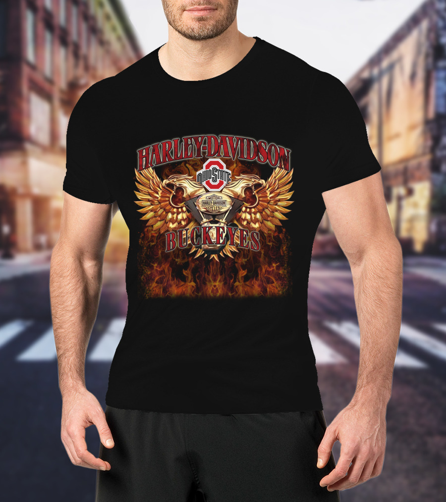 Harley Davidson Ohio State Buckeyes Ncaa612 Flaming Wings T-Shirt