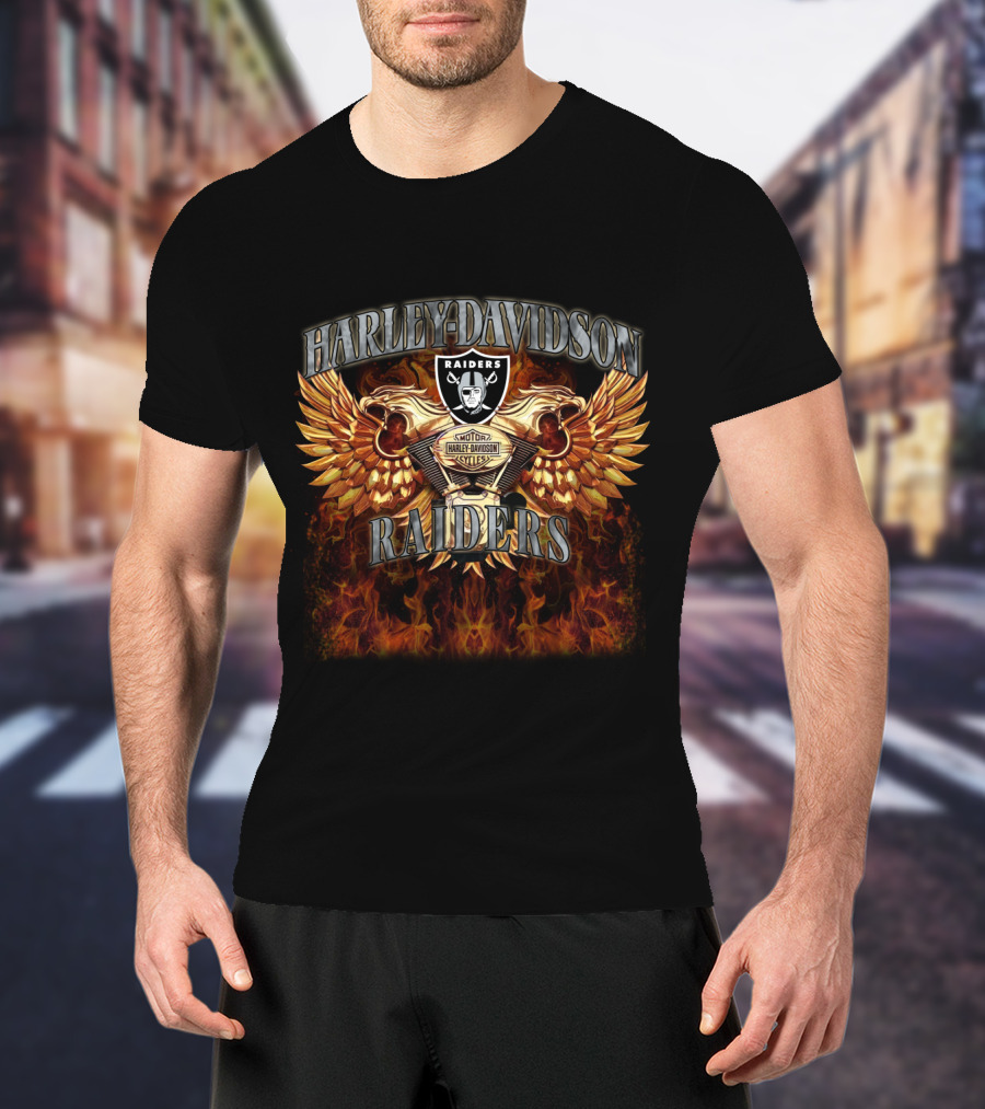 Harley Davidson Raiders Las Vegas Raiders Motorcycle Styles Flames Wings T-Shirt