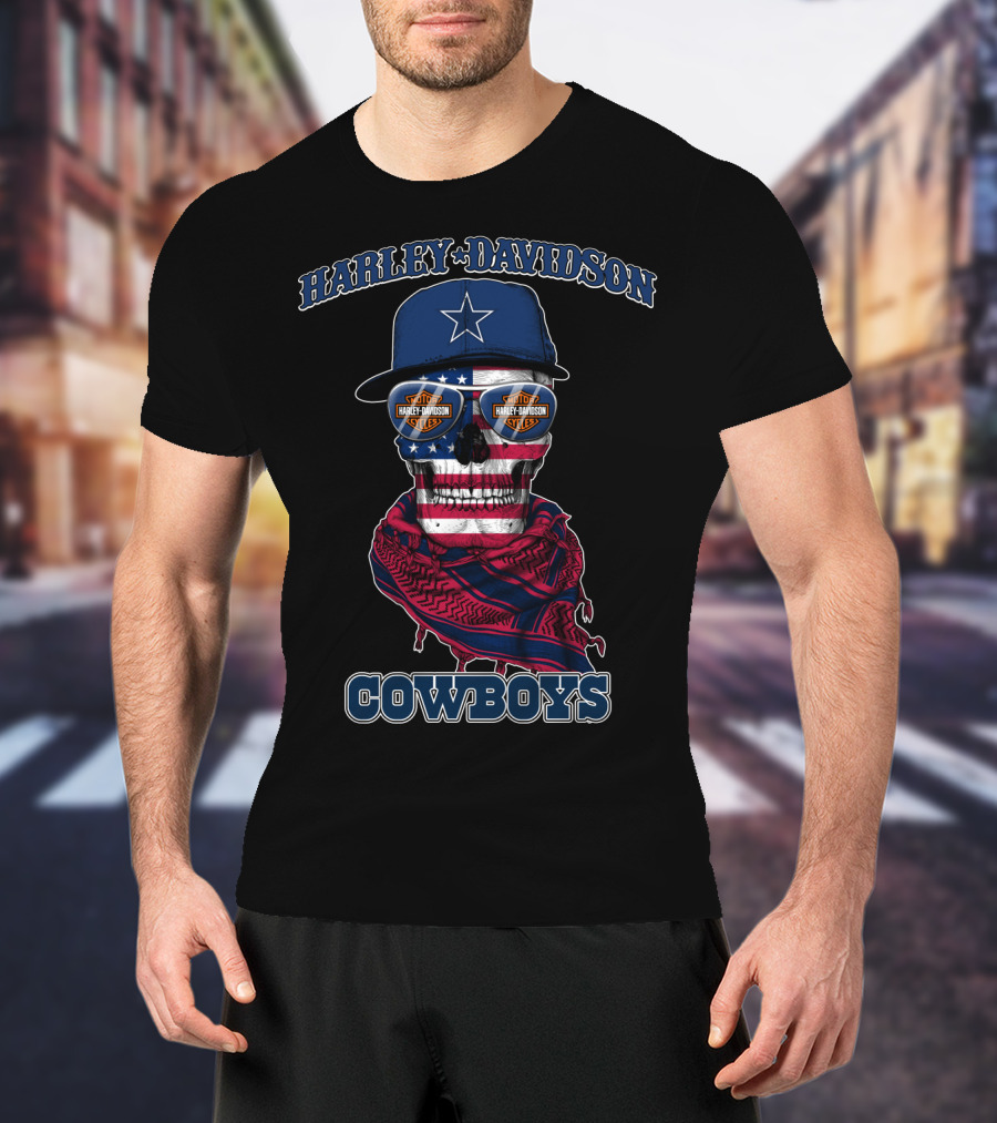 Harley Davidson Usa Cowboys Skull With Flag Bandana And Star Cap T-Shirt
