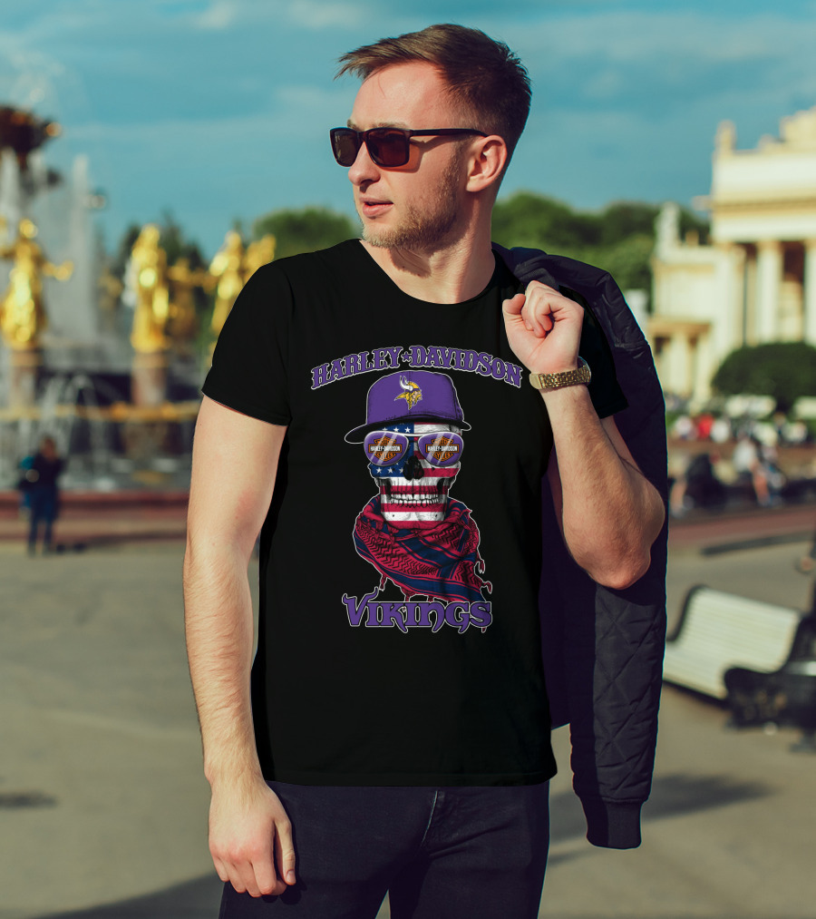 Harley Davidson Vikings Minnesota Skull Usa Flag Nfl T-Shirt