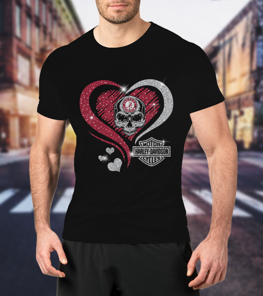Alabama Crimson Tide Skull Heart Harley Davidson Motor Cycles T-Shirt