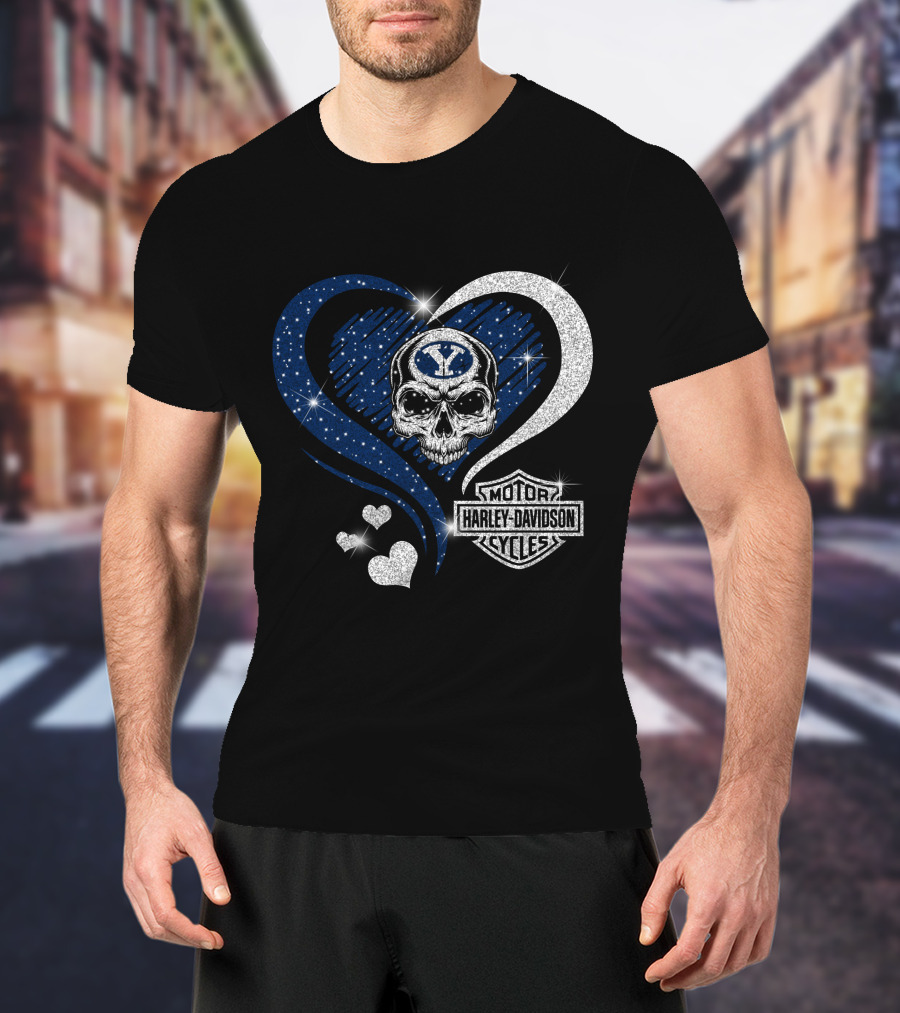 Ncaa Byu Cougars Skull Heart Harley Davidson Motor Cycles T-Shirt