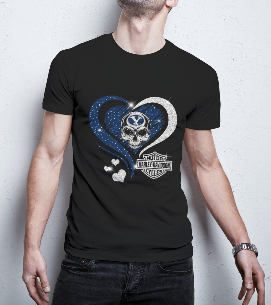 Ncaa Byu Cougars Skull Heart Harley Davidson Motor Cycles T-Shirt