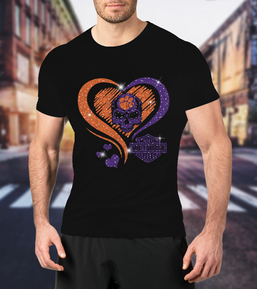 Clemson Tigers Harley Davidson Skull Heart T-Shirt