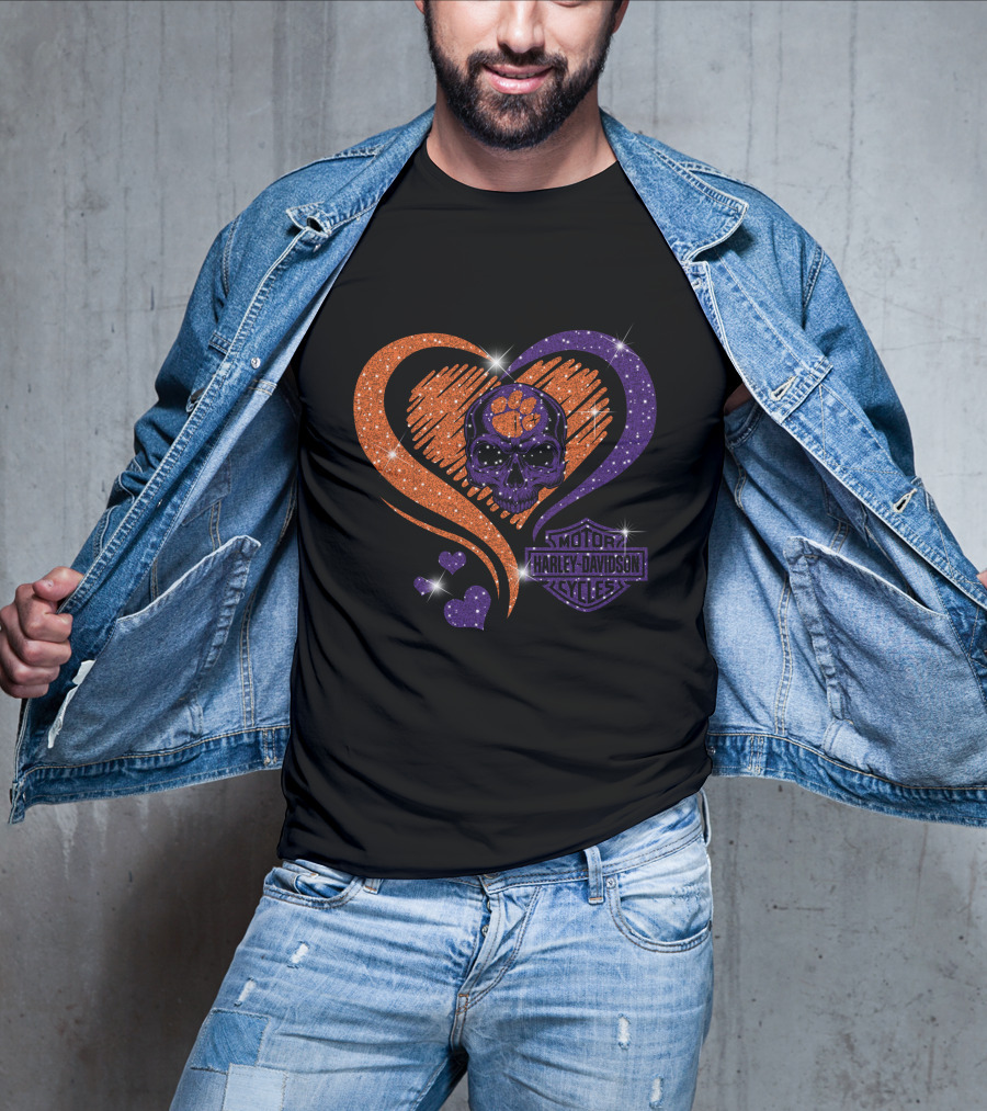 Clemson Tigers Harley Davidson Skull Heart T-Shirt