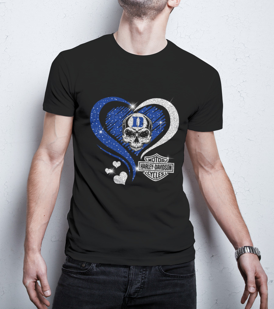 Duke Blue Devils Skull Heart Harley Davidson Motor Cycles Sparkle T-Shirt