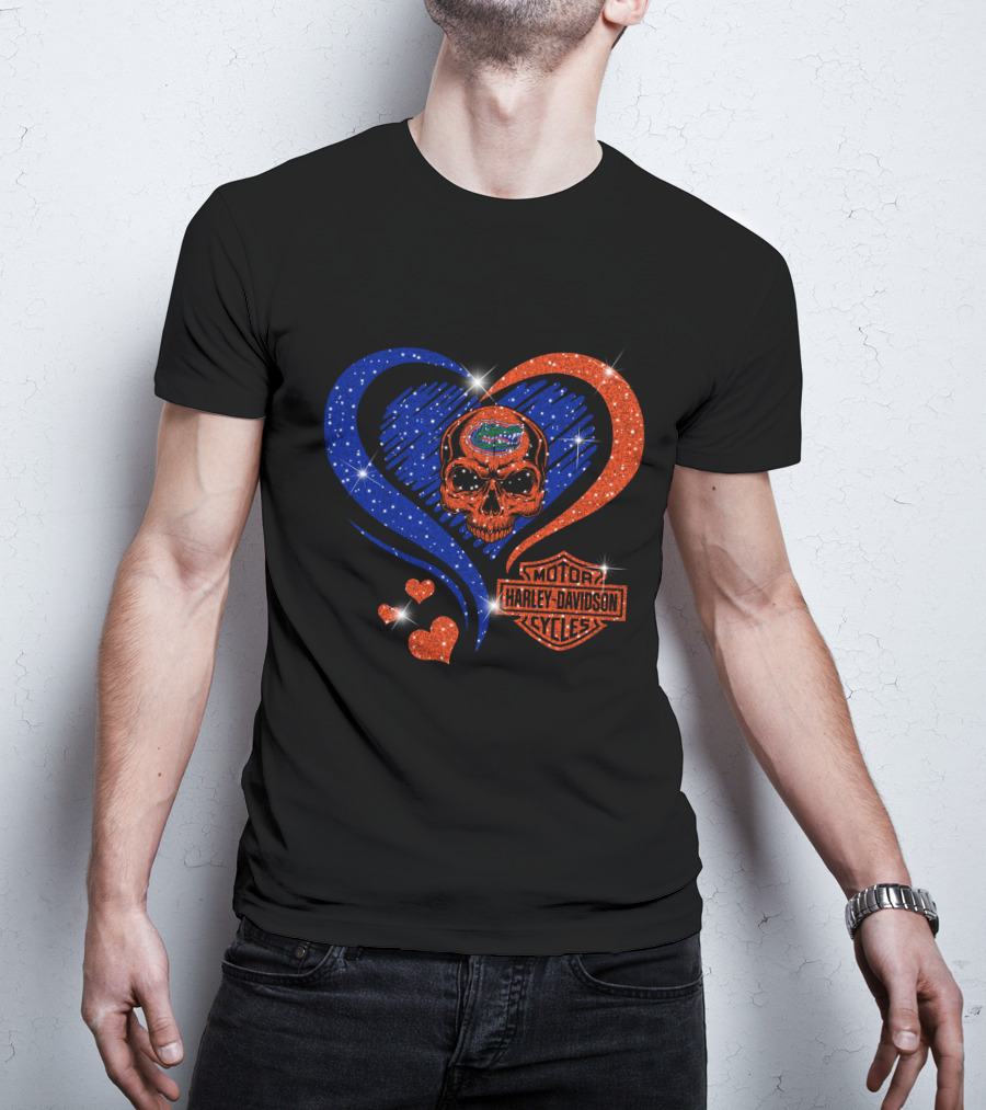 Ncaa Florida Gators Skull Heart Harley Davidson Motor Cycles T-Shirt