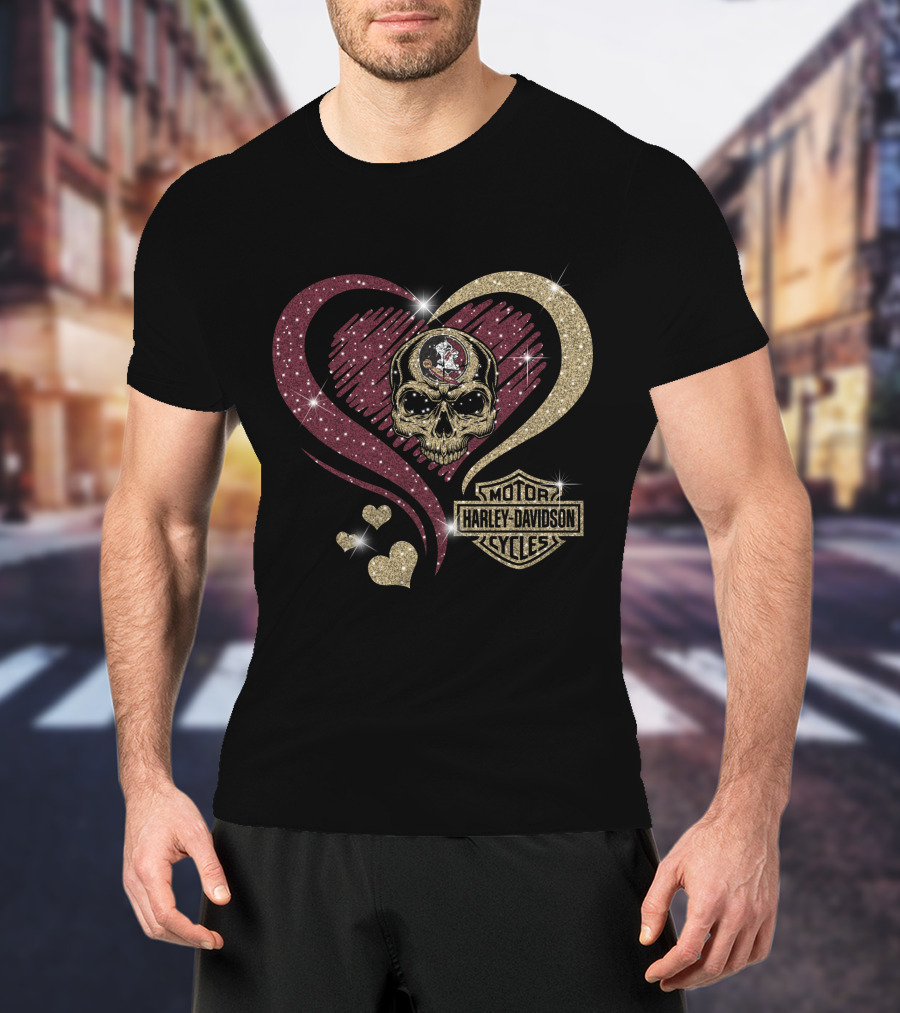 Florida State Seminoles Harley Davidson Heart Skull Motif T-Shirt