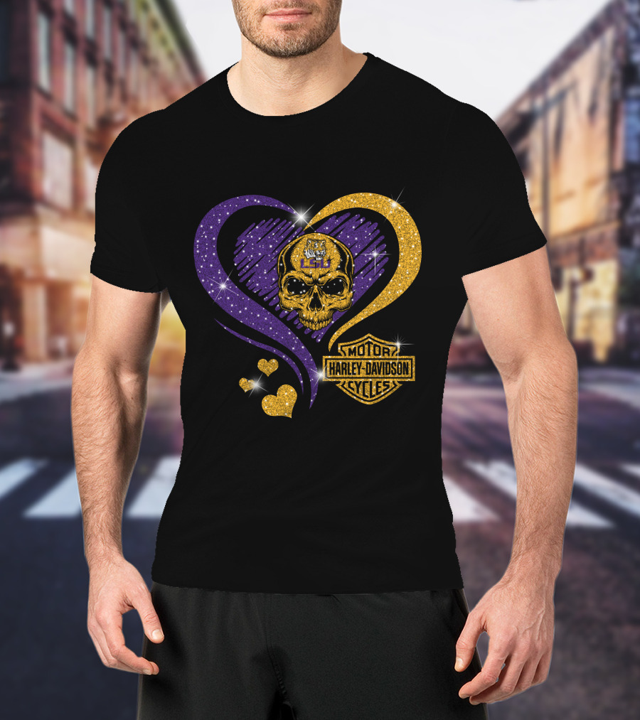 Ncaa Lsu Tigers Skull Heart Harley Davidson Motor Cycles T-Shirt