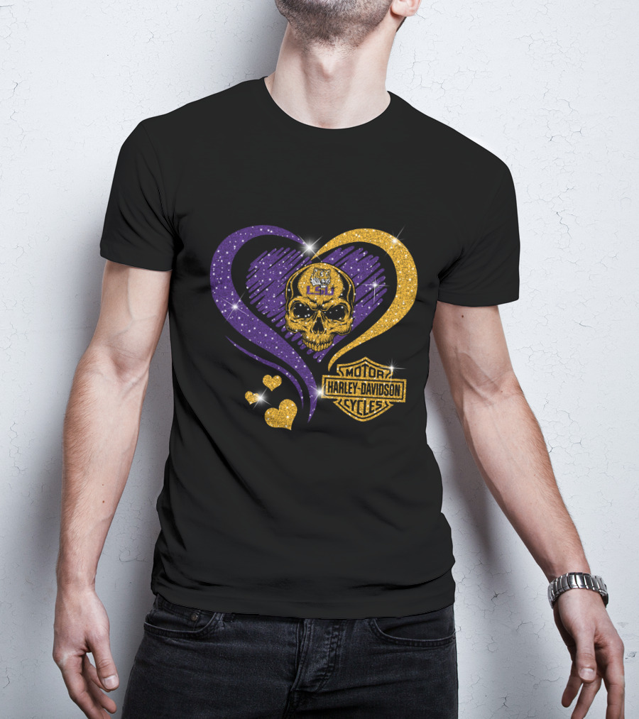 Ncaa Lsu Tigers Skull Heart Harley Davidson Motor Cycles T-Shirt