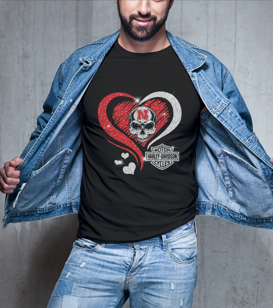 Nebraska Cornhuskers Harley Davidson Skull Heart T-Shirt