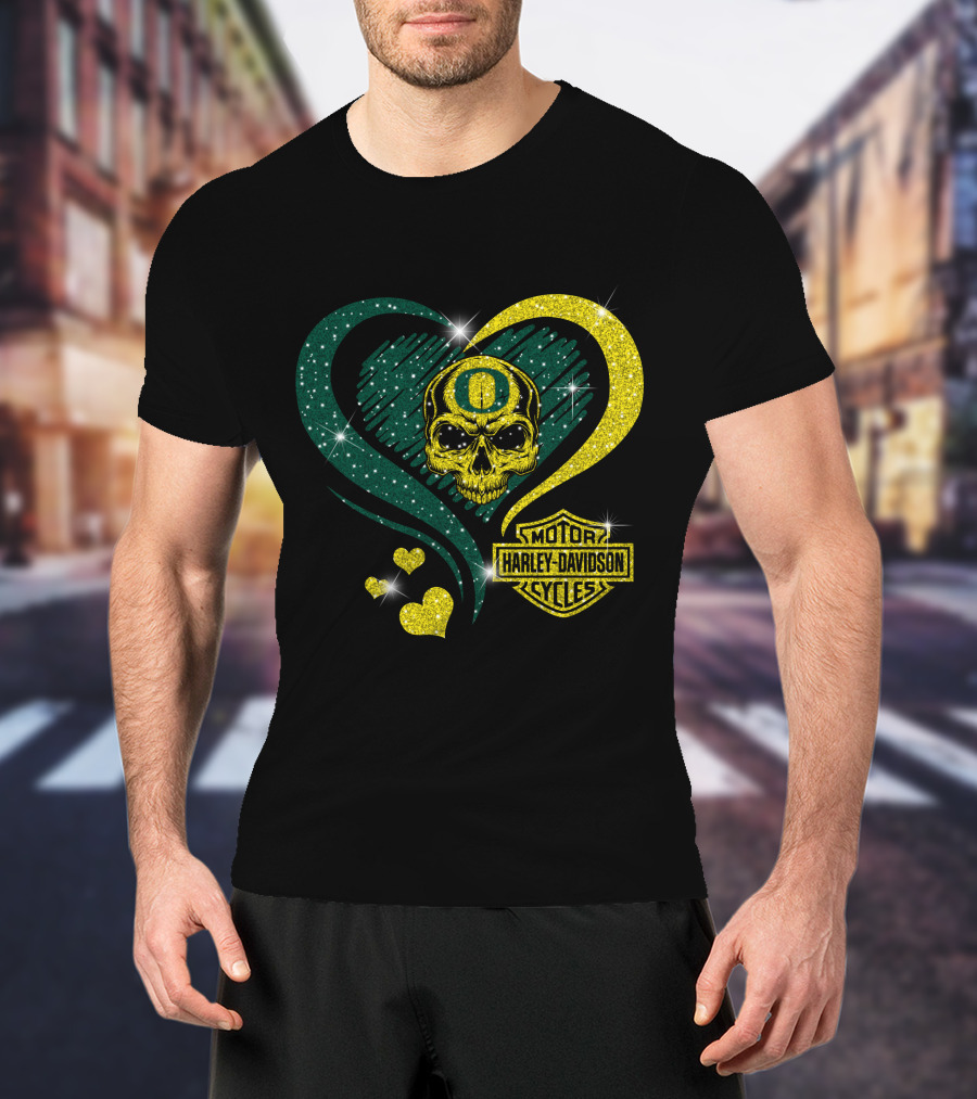 Ncaa Oregon Ducks Skull Harley Davidson Motor Cycles Heart T-Shirt