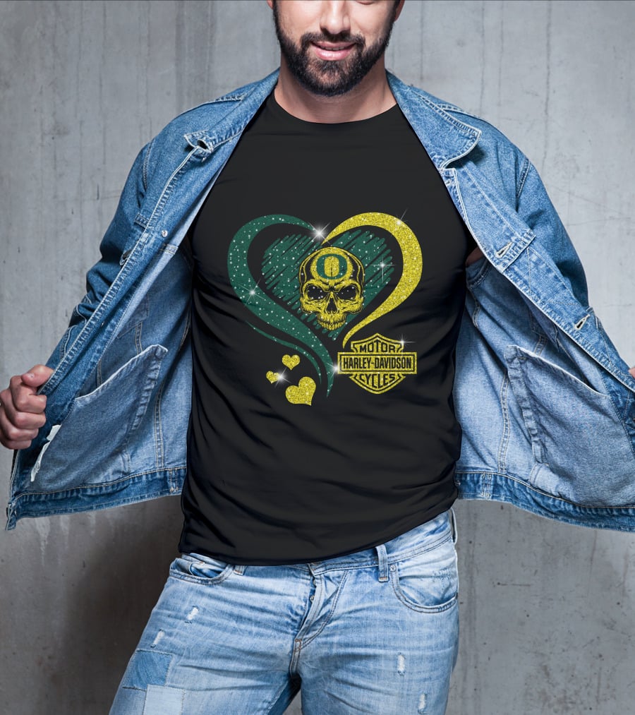 Ncaa Oregon Ducks Skull Harley Davidson Motor Cycles Heart T-Shirt