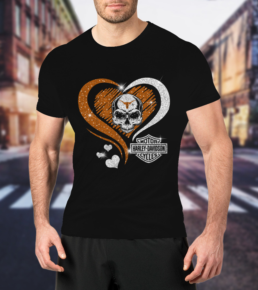 Ncaa Texas Longhorns Harley Davidson Skull Heart T-Shirt