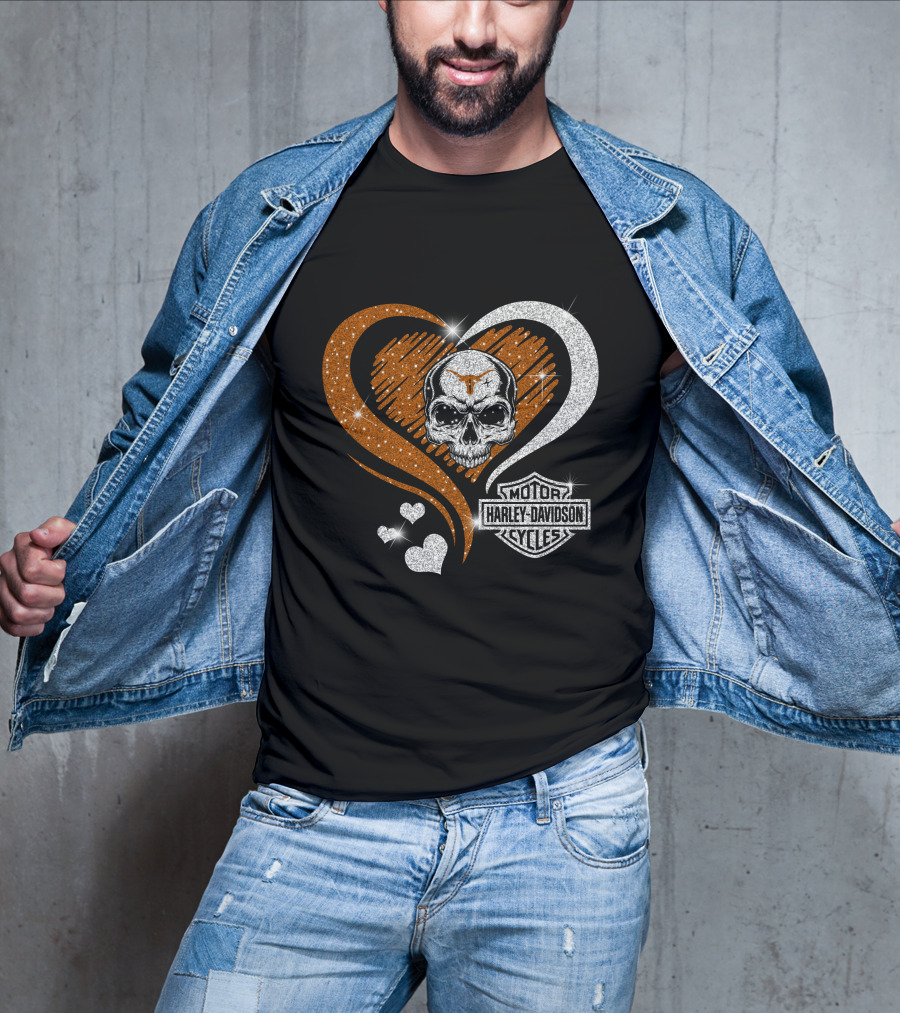 Ncaa Texas Longhorns Harley Davidson Skull Heart T-Shirt