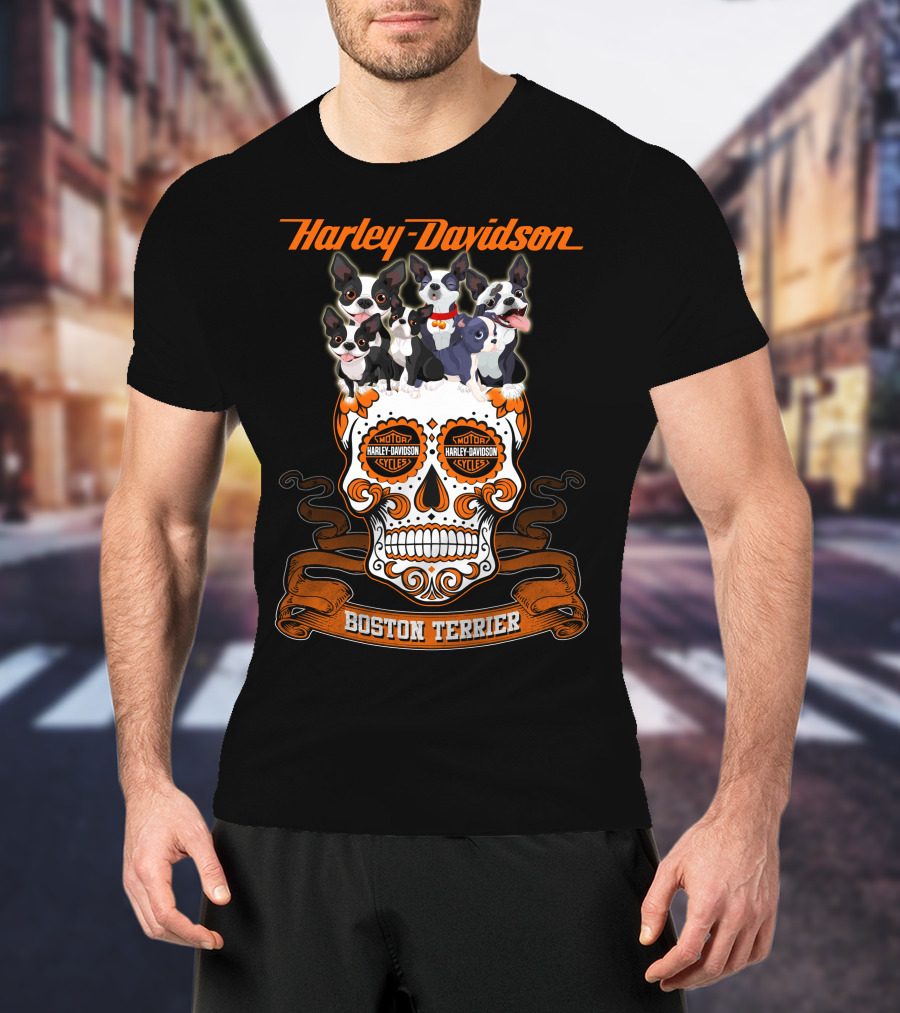 Harley Davidson Boston Terrier Skull Motif T-Shirt