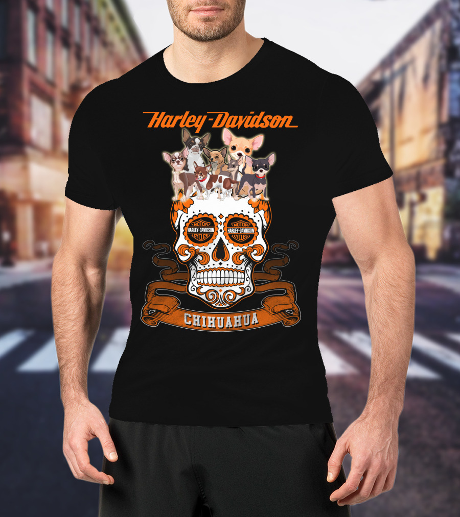 Harley Davidson Chihuahua Skull With Motorcycles And Cute Dogs T-Shirt
