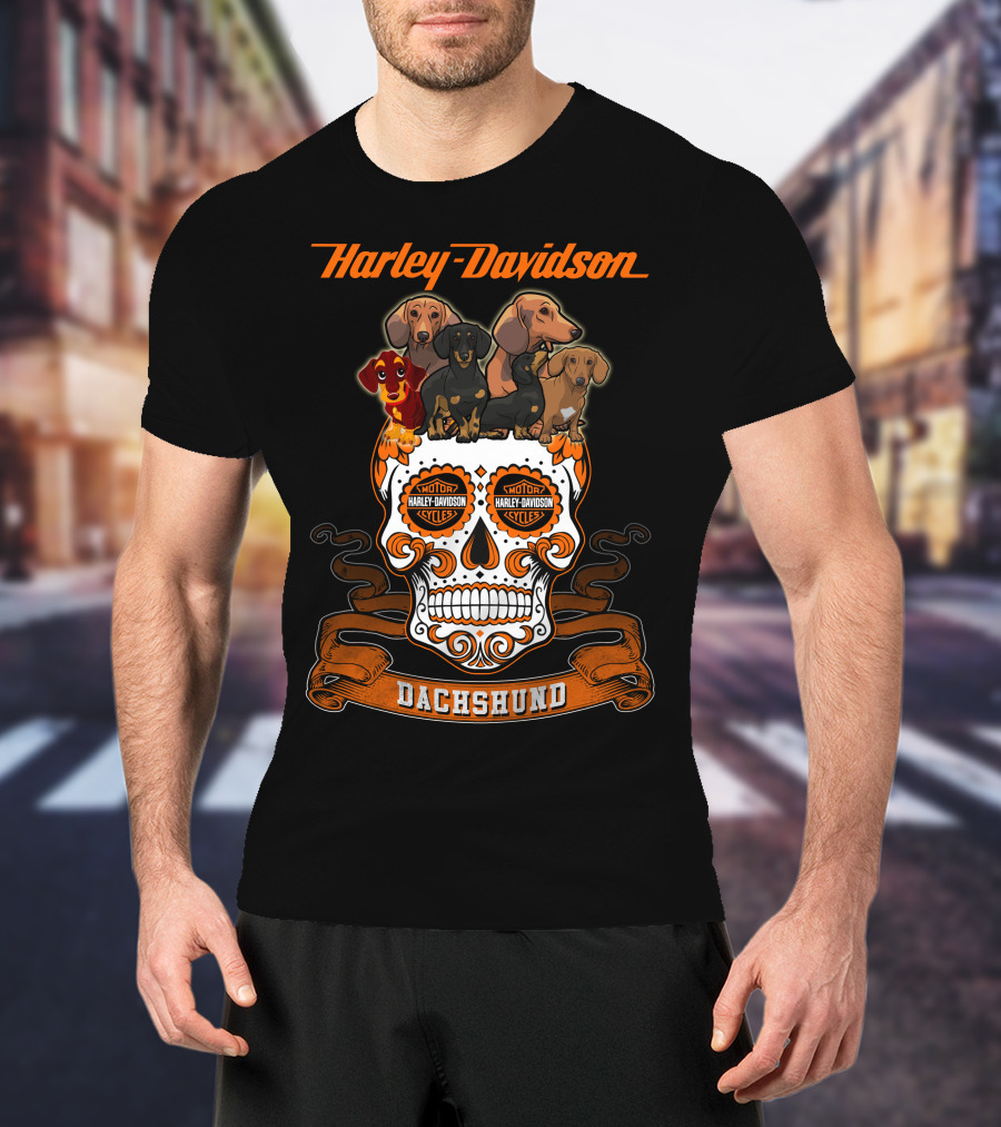 Harley Davidson Dachshund Skull With Motorcycles And Dachshunds T-Shirt