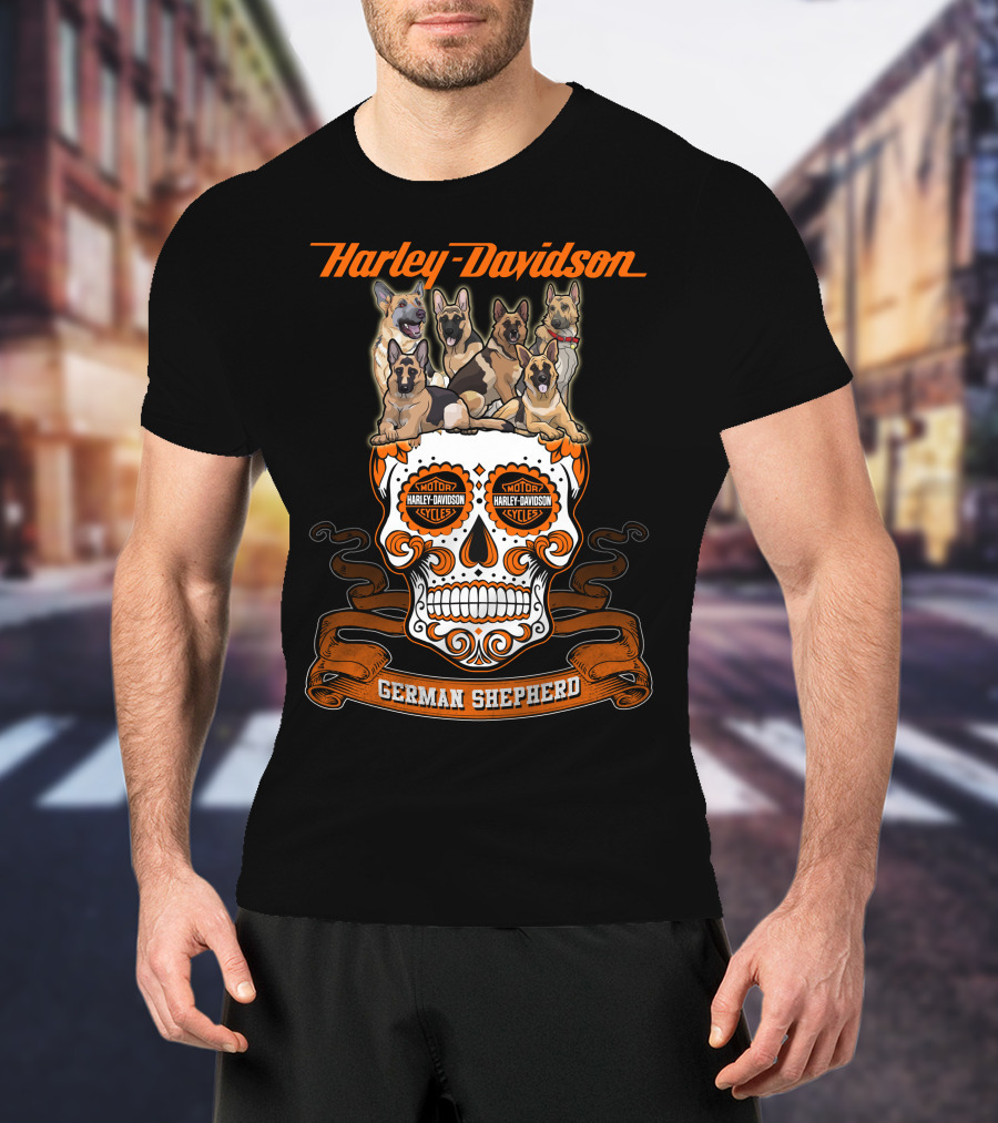 Harley Davidson German Shepherd Skull Motif T-Shirt
