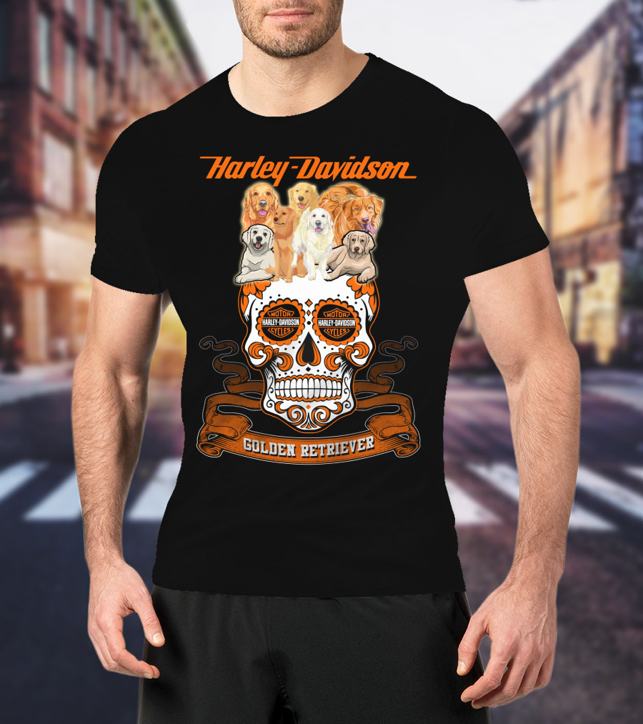 Harley Davidson Golden Retriever Skull Motif T-Shirt