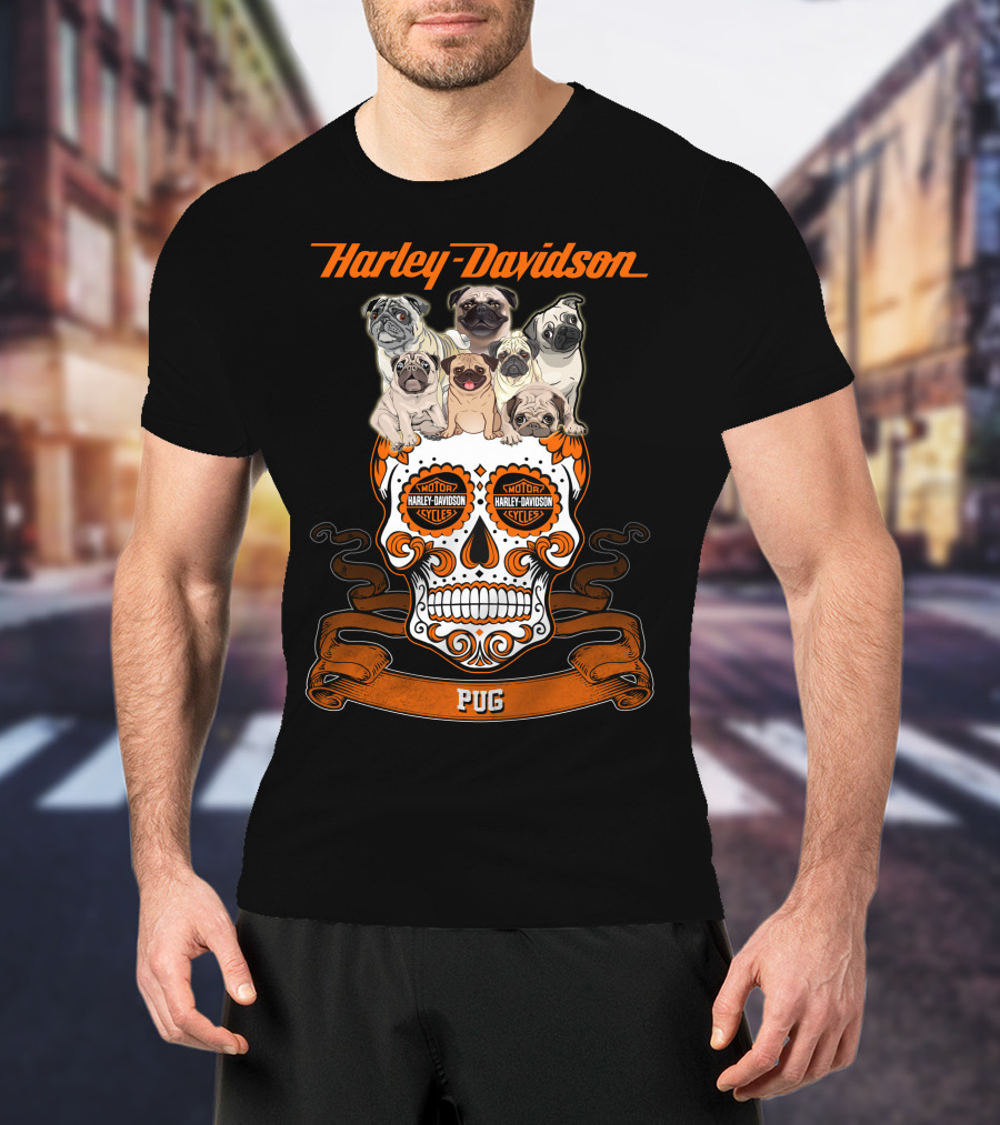Harley Davidson Pug Skull Motif With Pugs T-Shirt