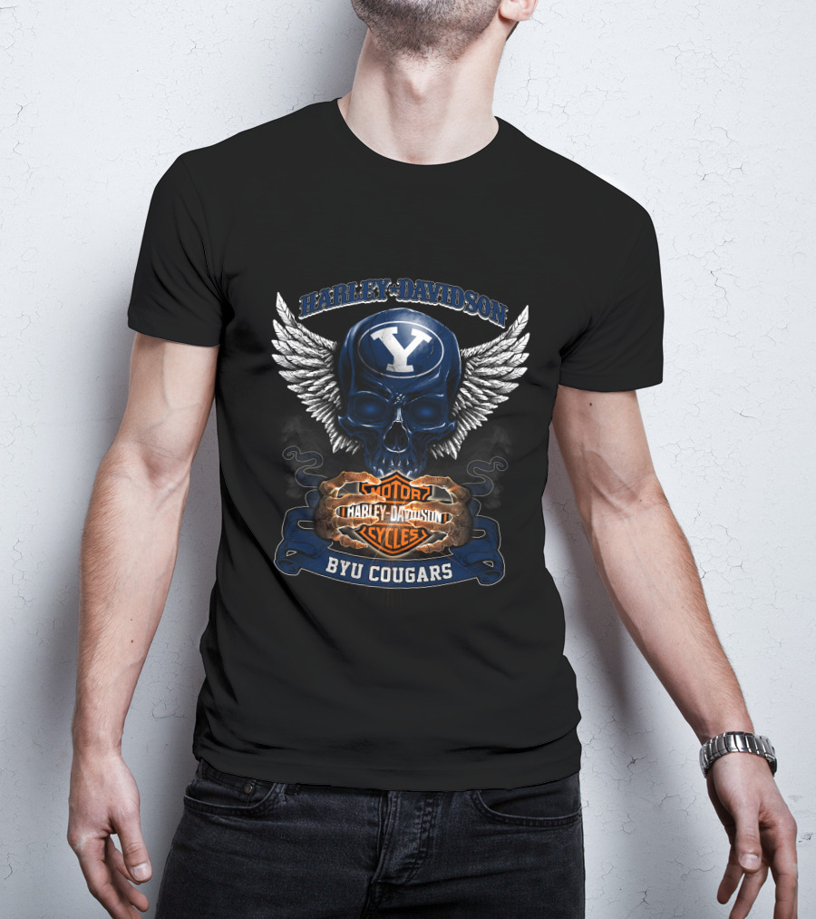 Harley Davidson Byu Cougars Y Skull Wings Motor Cycles T-Shirt