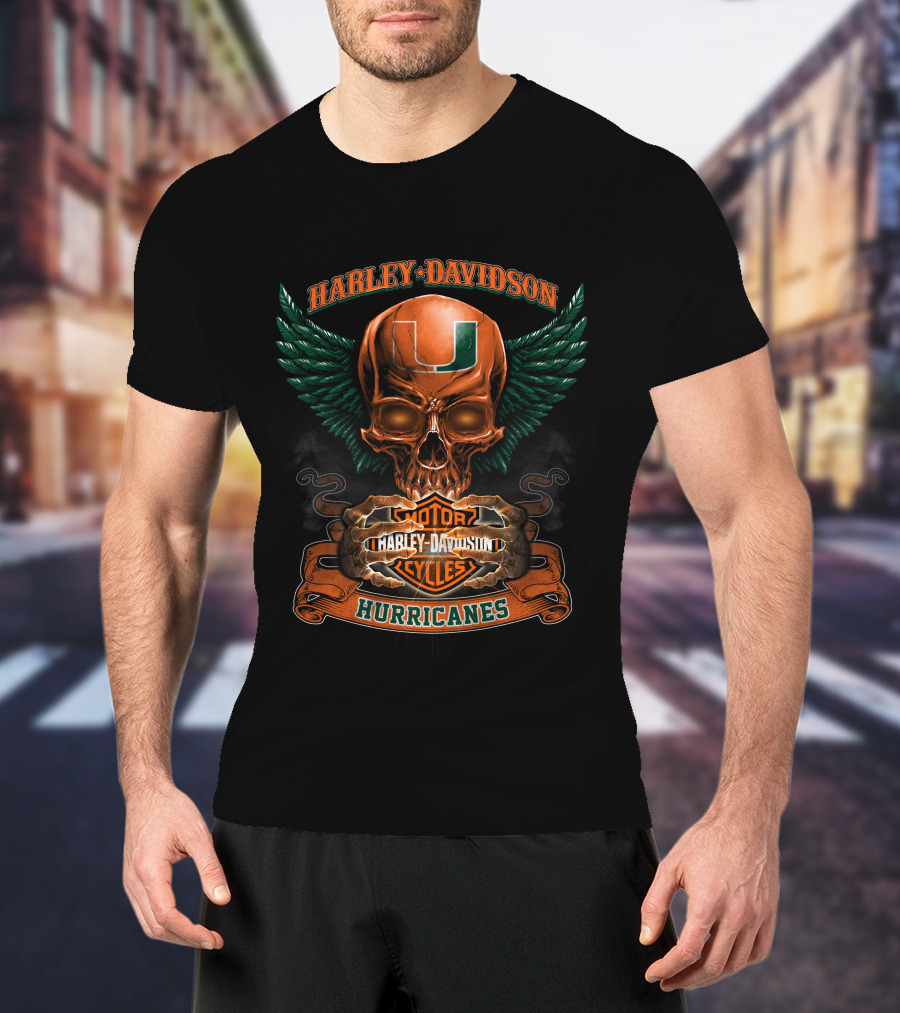 Harley Davidson Miami Hurricanes Skull With Wings Motorcycles T-Shirt