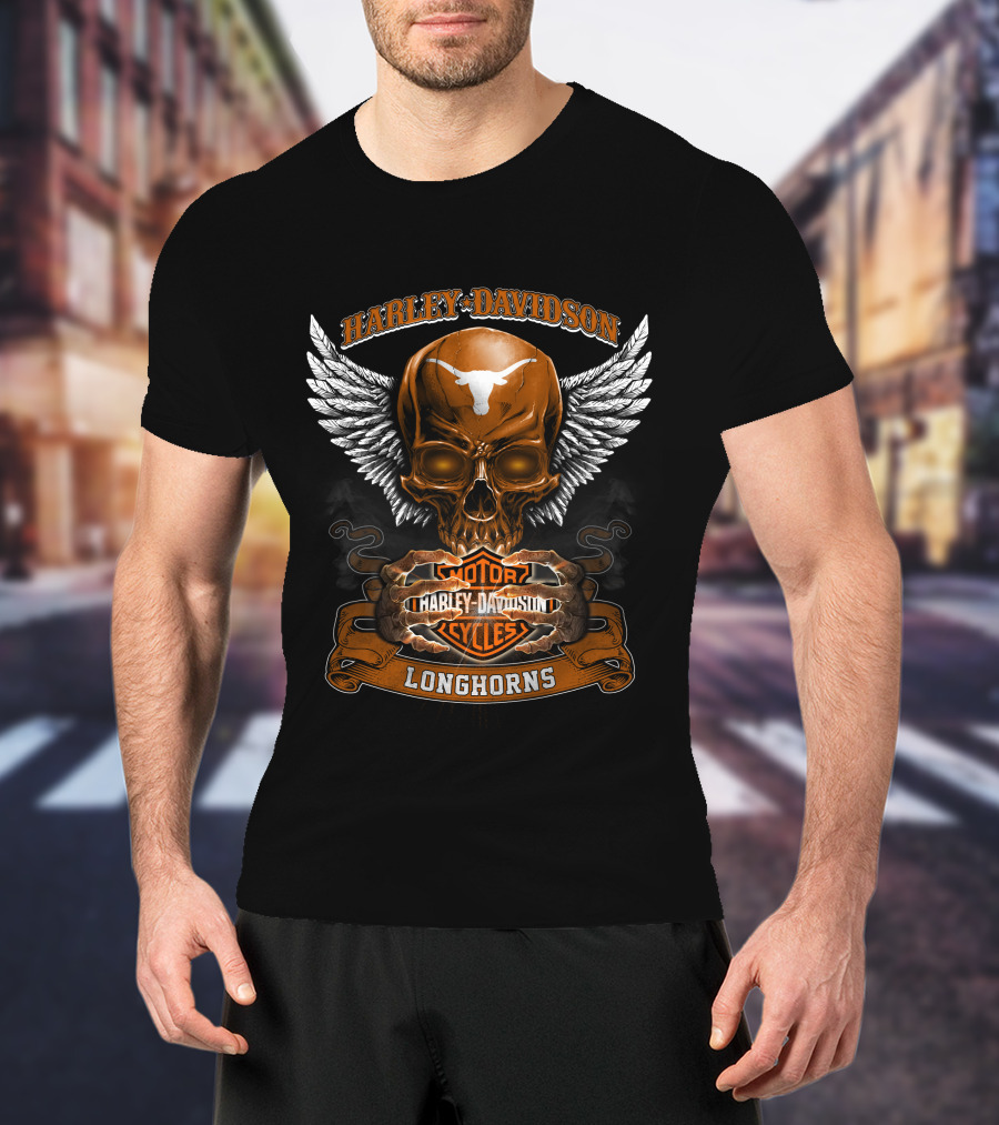 Harley Davidson Longhorns Texas Skull Wings Motorcycles T-Shirt
