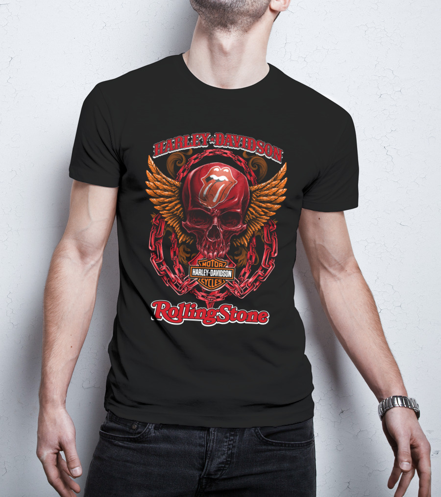 Harley Davidson Motor Cycles Rolling Stone Skull Logo Chains And Flames T-Shirt