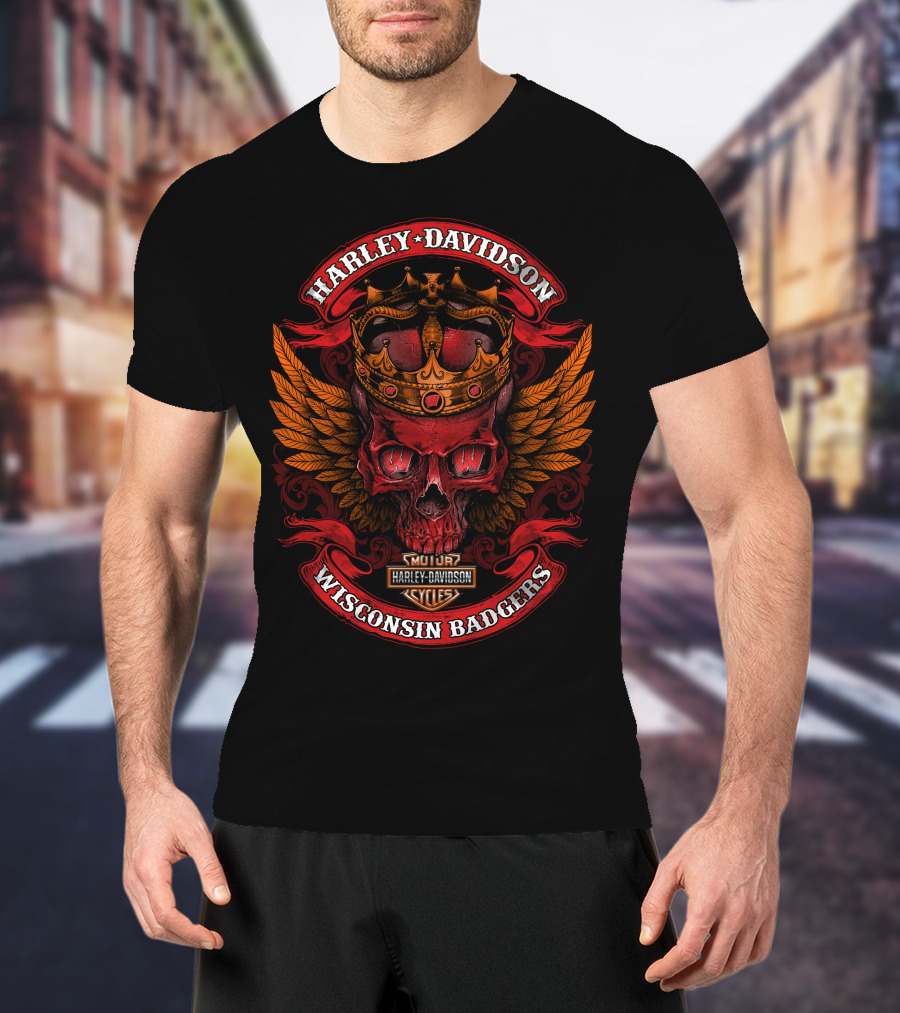 Harley Davidson Crowned Skull Wisconsin Badgers Mqt Cycles T-Shirt