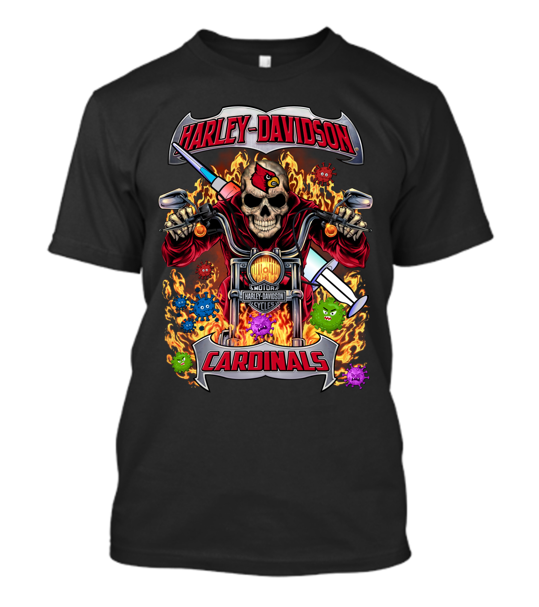 Harley Davidson Motor Cycles Cardinals Skull Flames T-Shirt