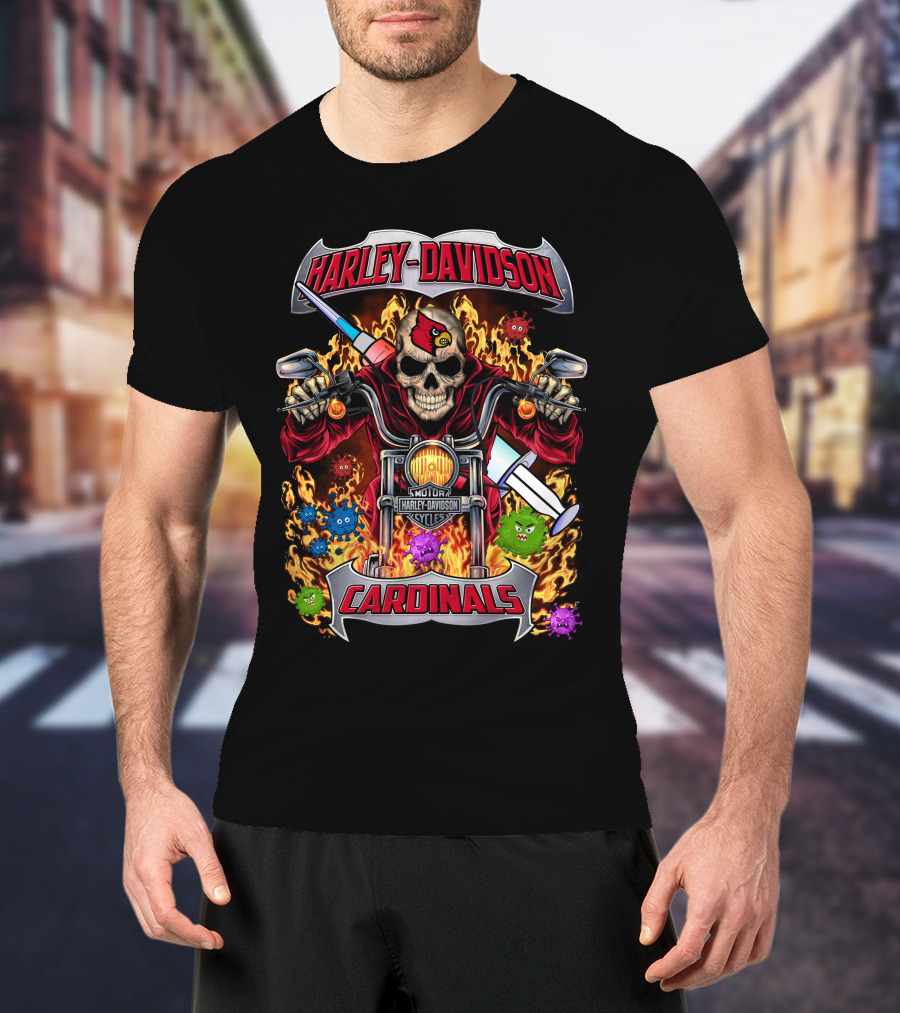 Harley Davidson Motor Cycles Cardinals Skull Flames T-Shirt