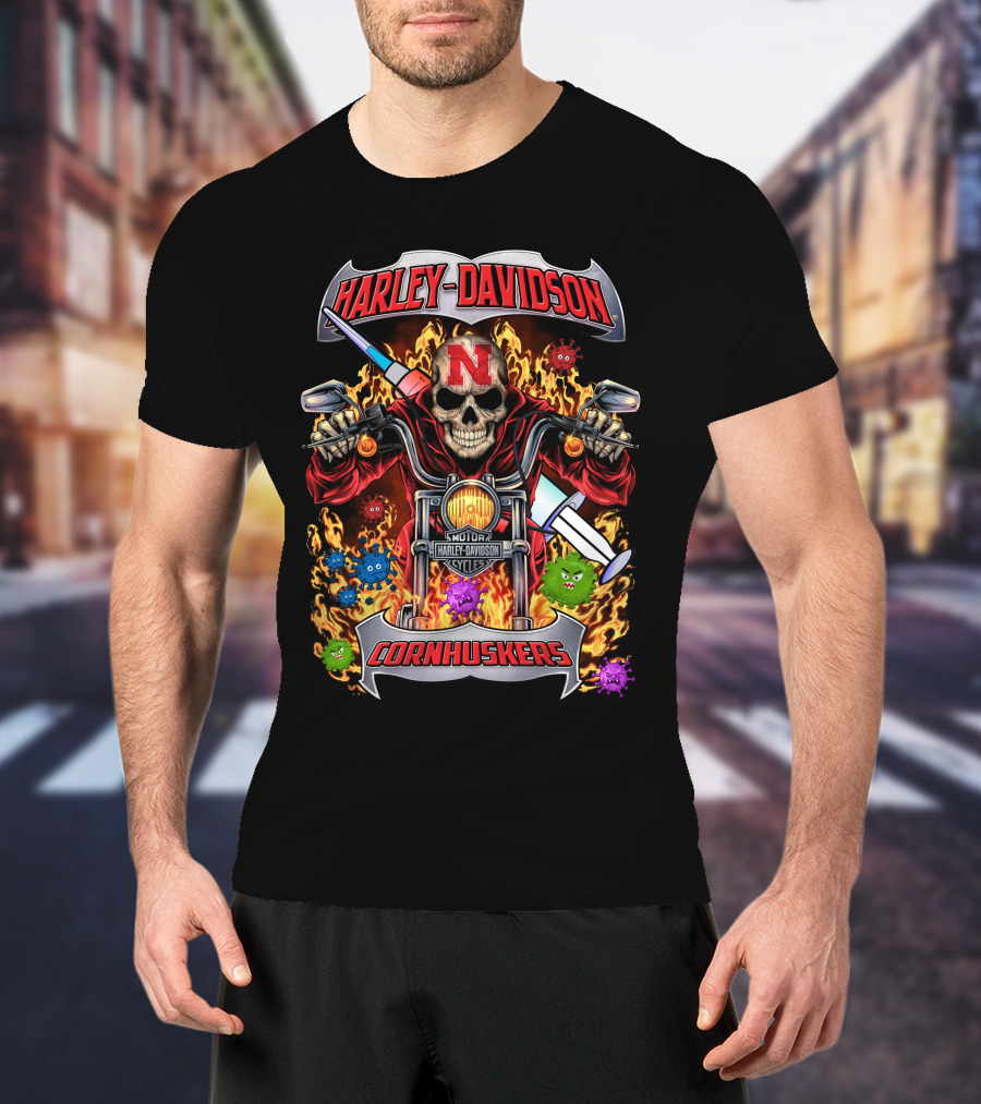 Harley Davidson Nebraska Cornhuskers Skulls Flames Motorcycles T-Shirt