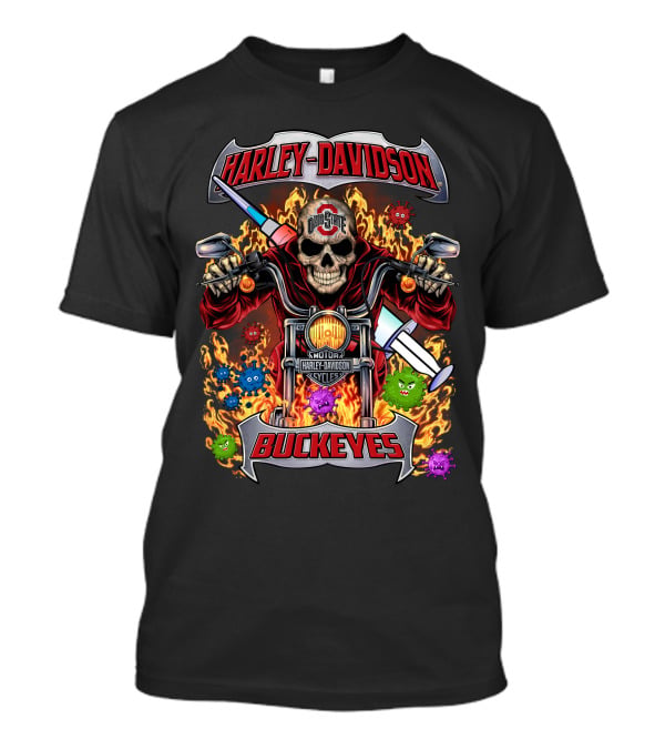 Harley Davidson Ohio State Buckeyes Skeleton Flames Motorcycles T-Shirt