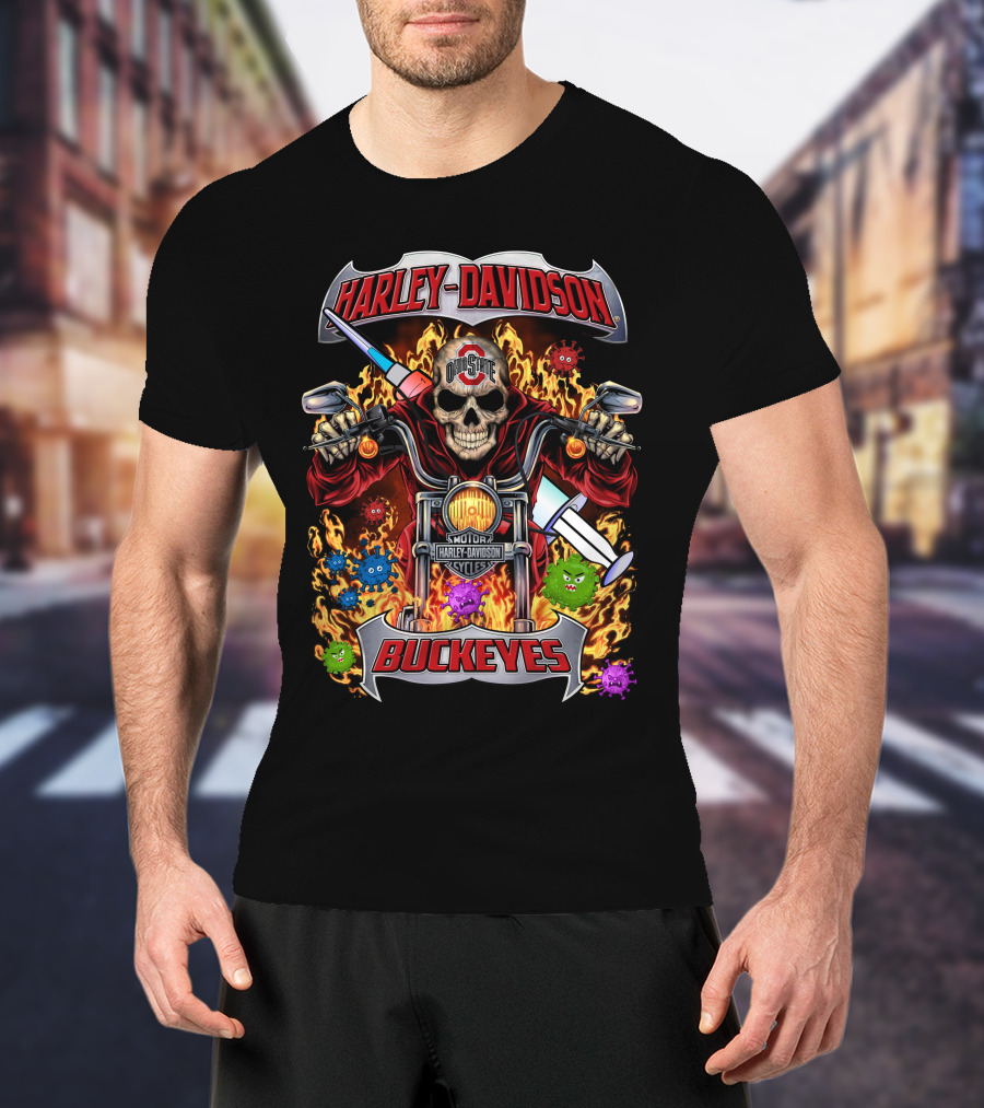 Harley Davidson Ohio State Buckeyes Skeleton Flames Motorcycles T-Shirt