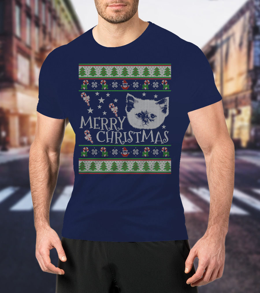 Merry Christmas Cute Persian Kitten Candy Canes Snowflakes Trees T-Shirt