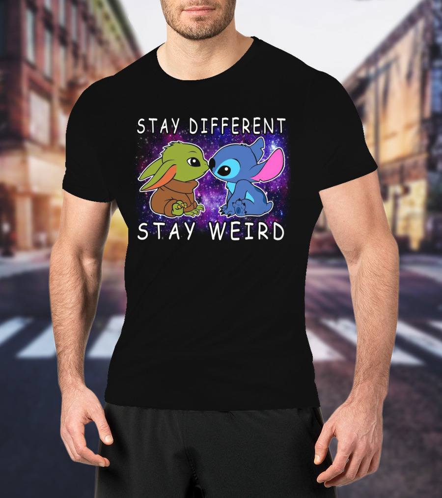 Stay Different Stay Weird Baby Yoda And Stitch Space Background T-Shirt