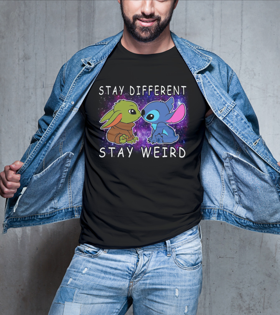 Stay Different Stay Weird Baby Yoda And Stitch Space Background T-Shirt