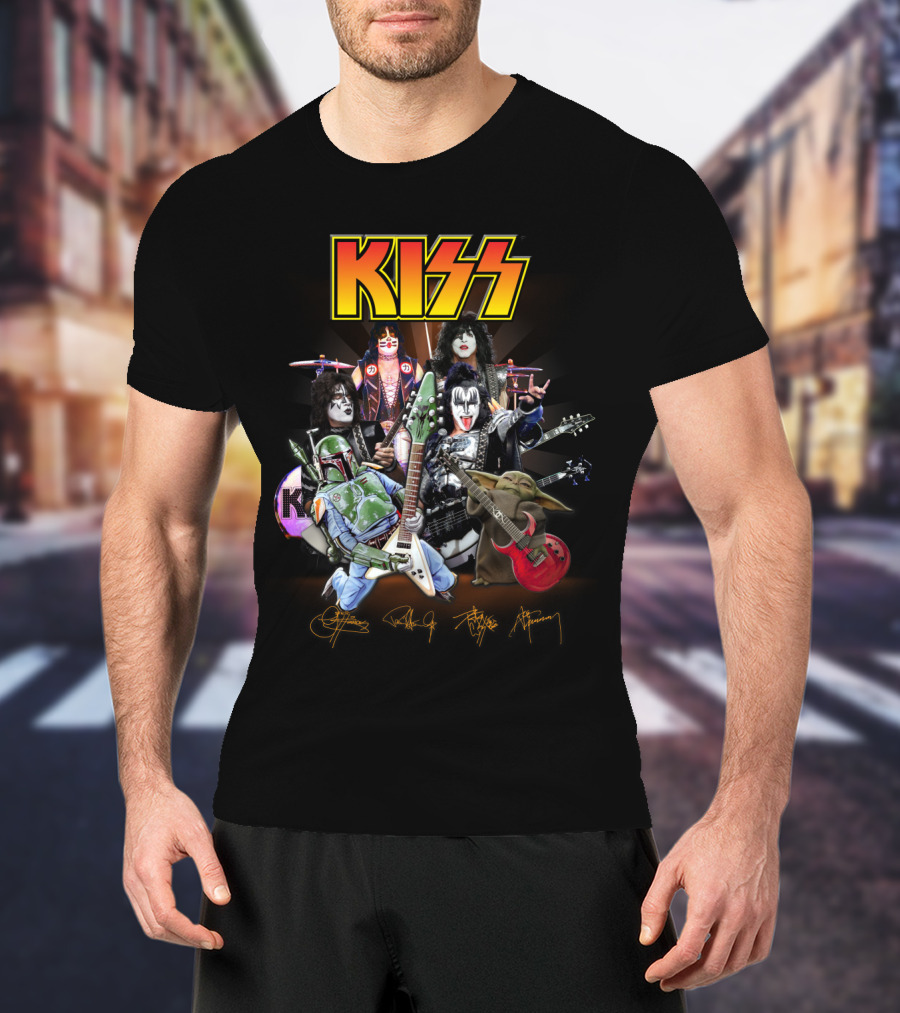 Kiss Star Wars Crossover With Boba Fett And Grogu Guitar Band Members T-Shirt