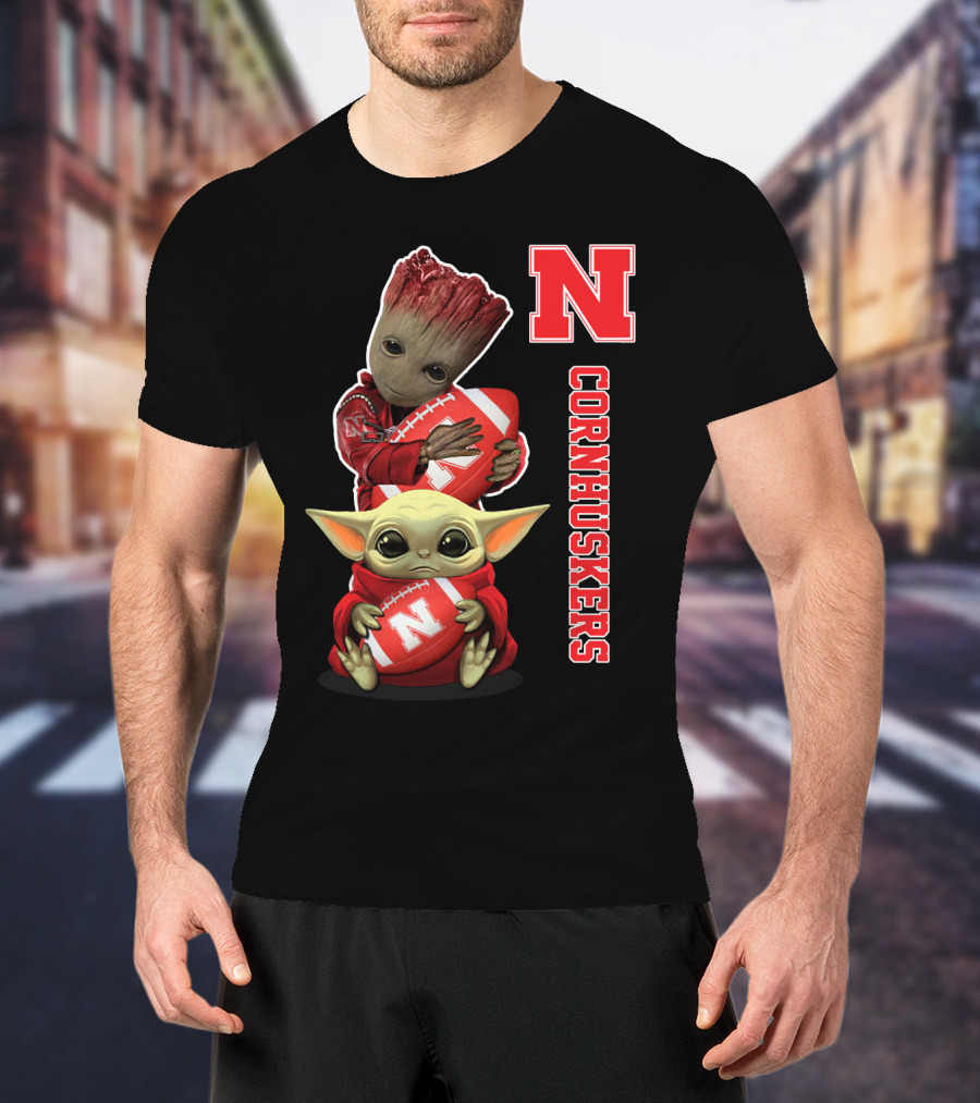 Nebraska Cornhuskers Groot And Baby Yoda Football T-Shirt