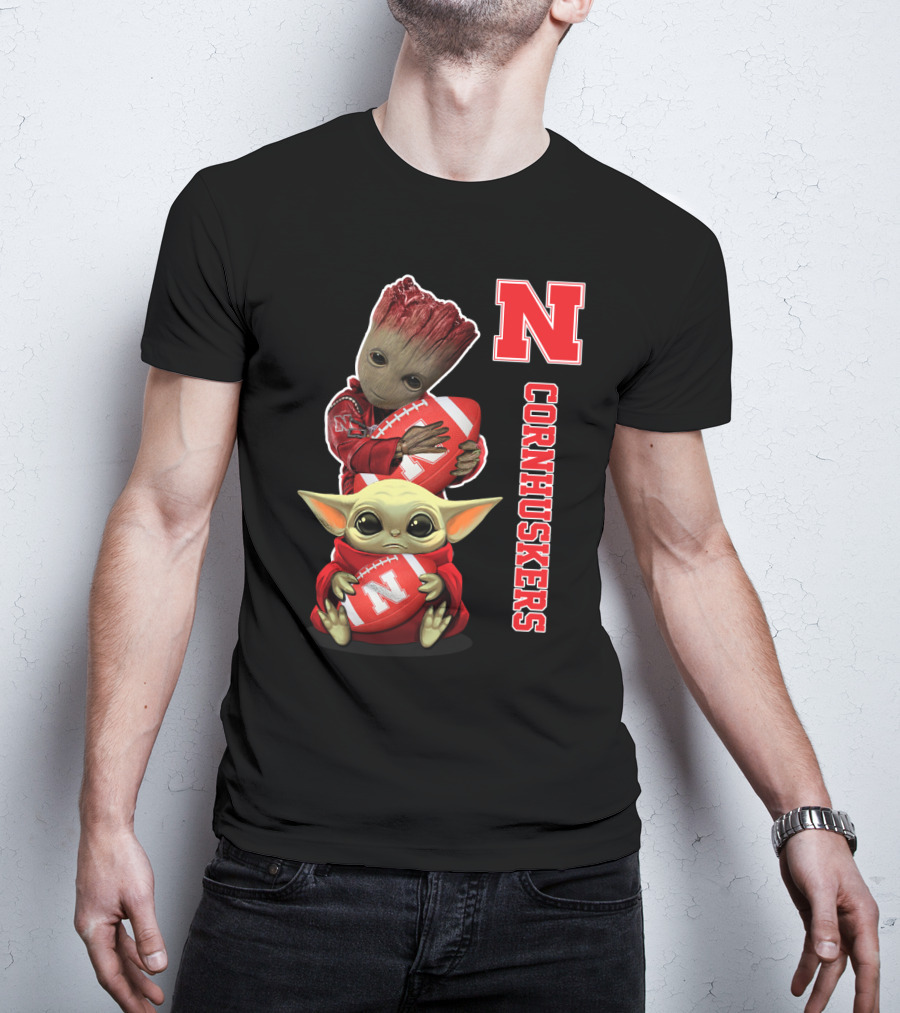 Nebraska Cornhuskers Groot And Baby Yoda Football T-Shirt