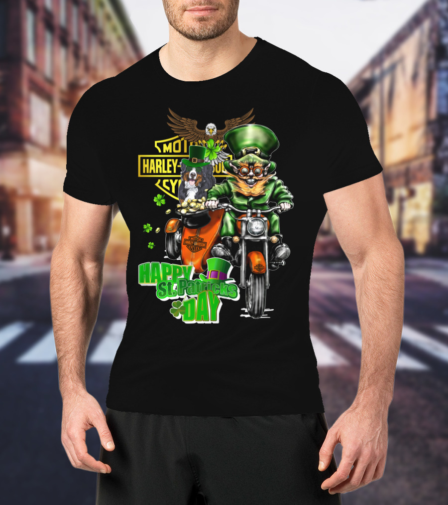 Happy St. Patrick's Day Harley Davidson Leprechaun And Bernese Mountain Dog Ride T-Shirt