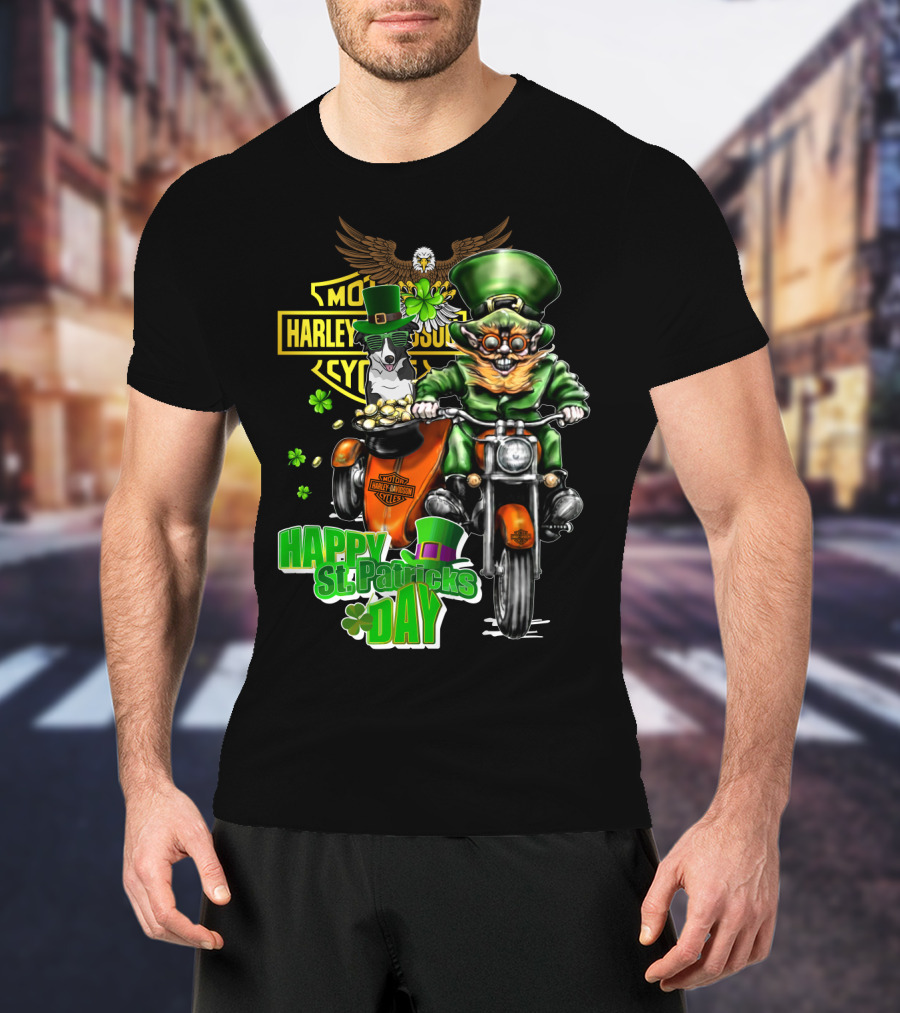 Happy St. Patrick's Day Harley Davidson Border Collie Motorcycle Riding T-Shirt